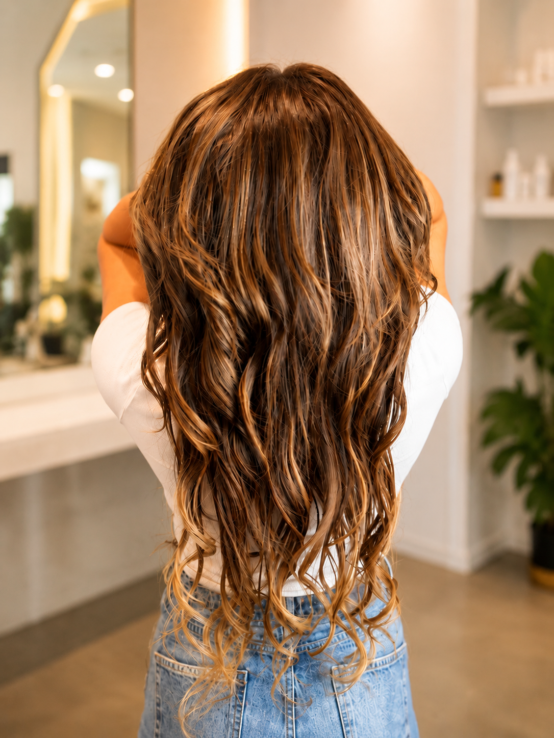 Long wavy brunette hair with caramel highlights extensions salon