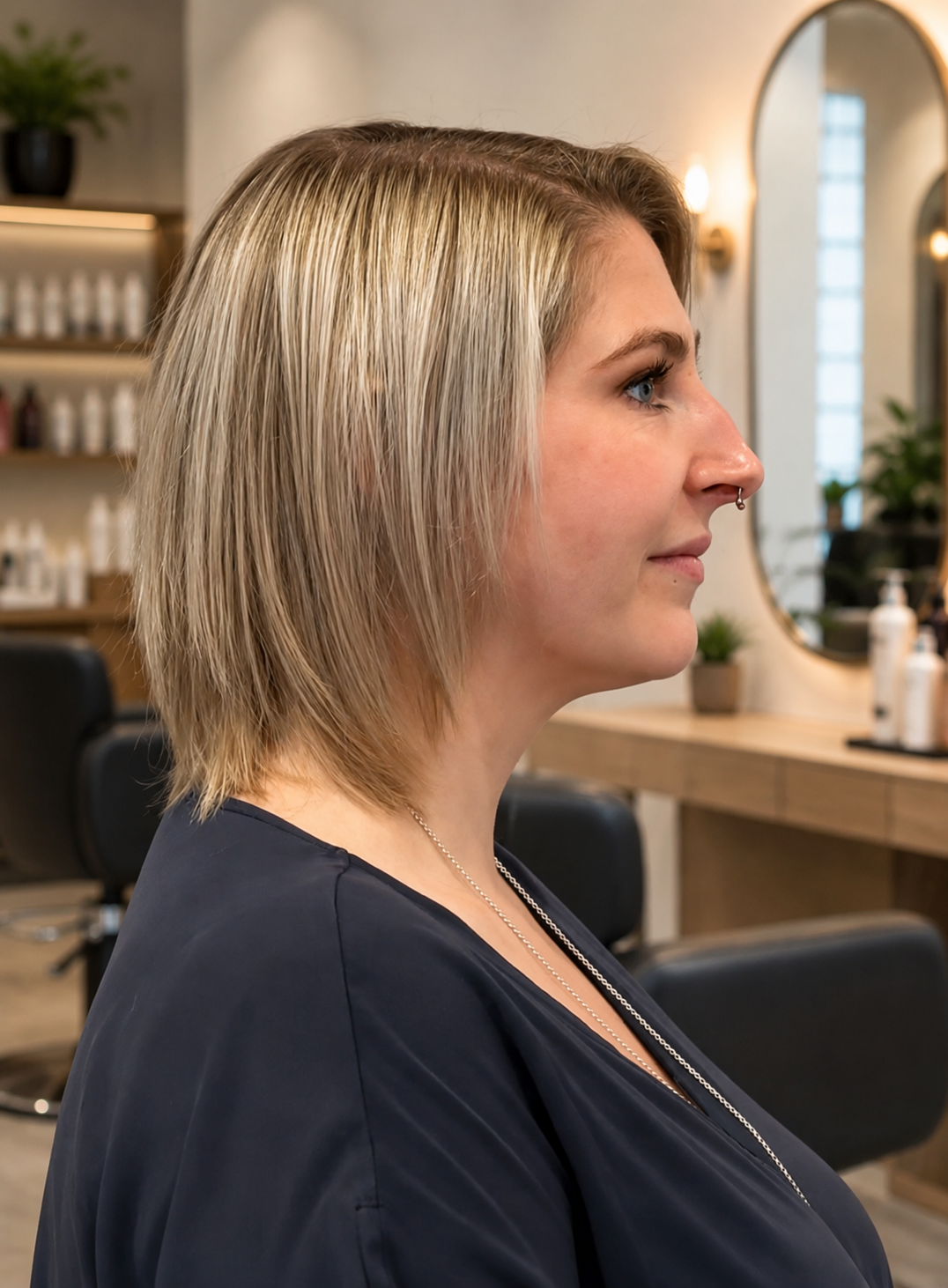 Sleek blonde bob haircut side profile salon