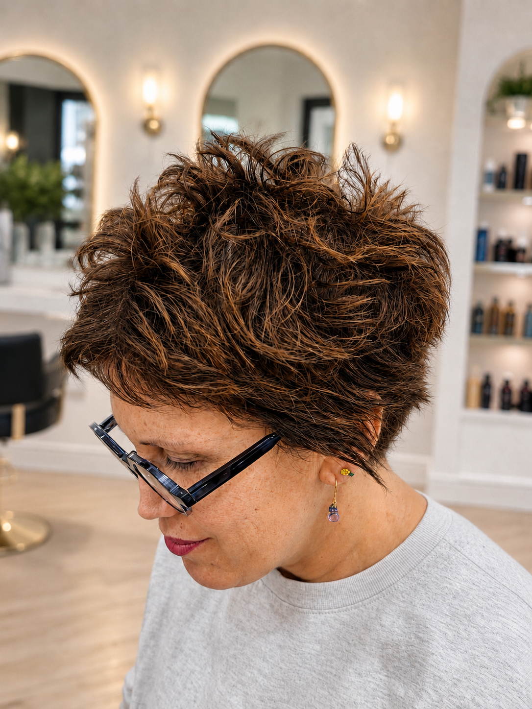 Textured brunette pixie cut with caramel highlights salon