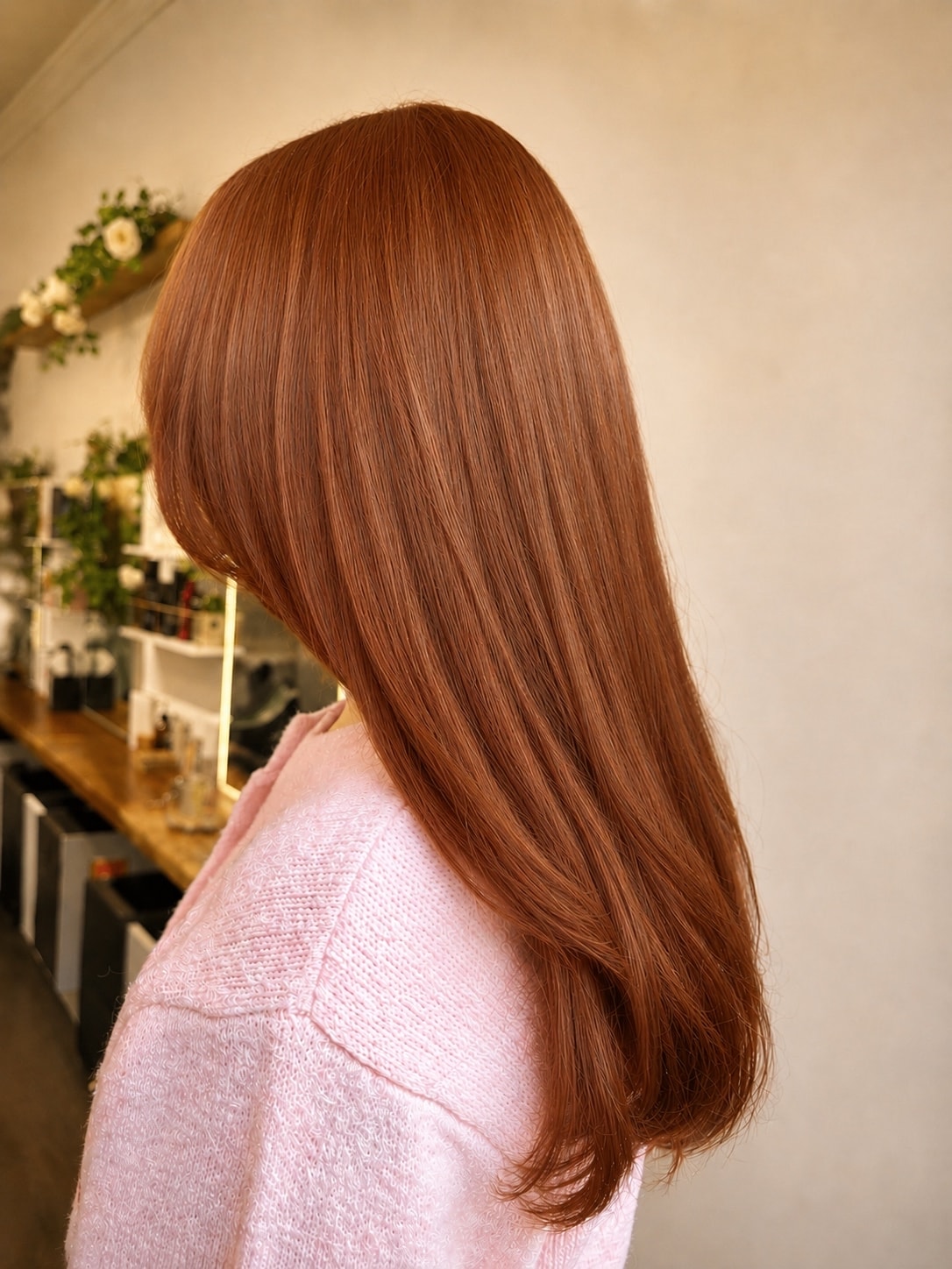 Long sleek copper auburn hair color result salon