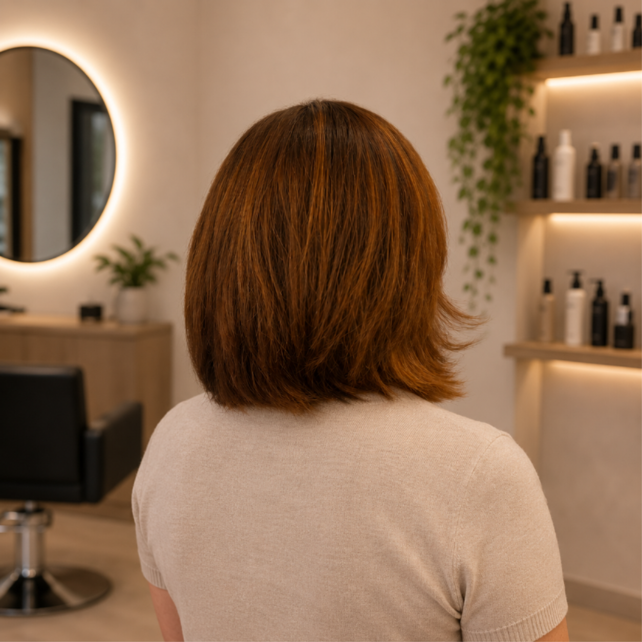 Long brunette balayage with caramel highlights back view salon