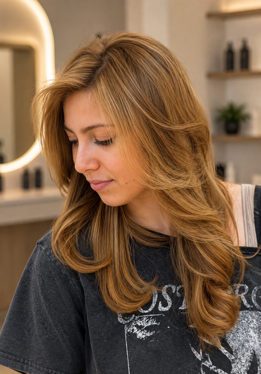 Golden honey balayage long wavy hair looking down salon