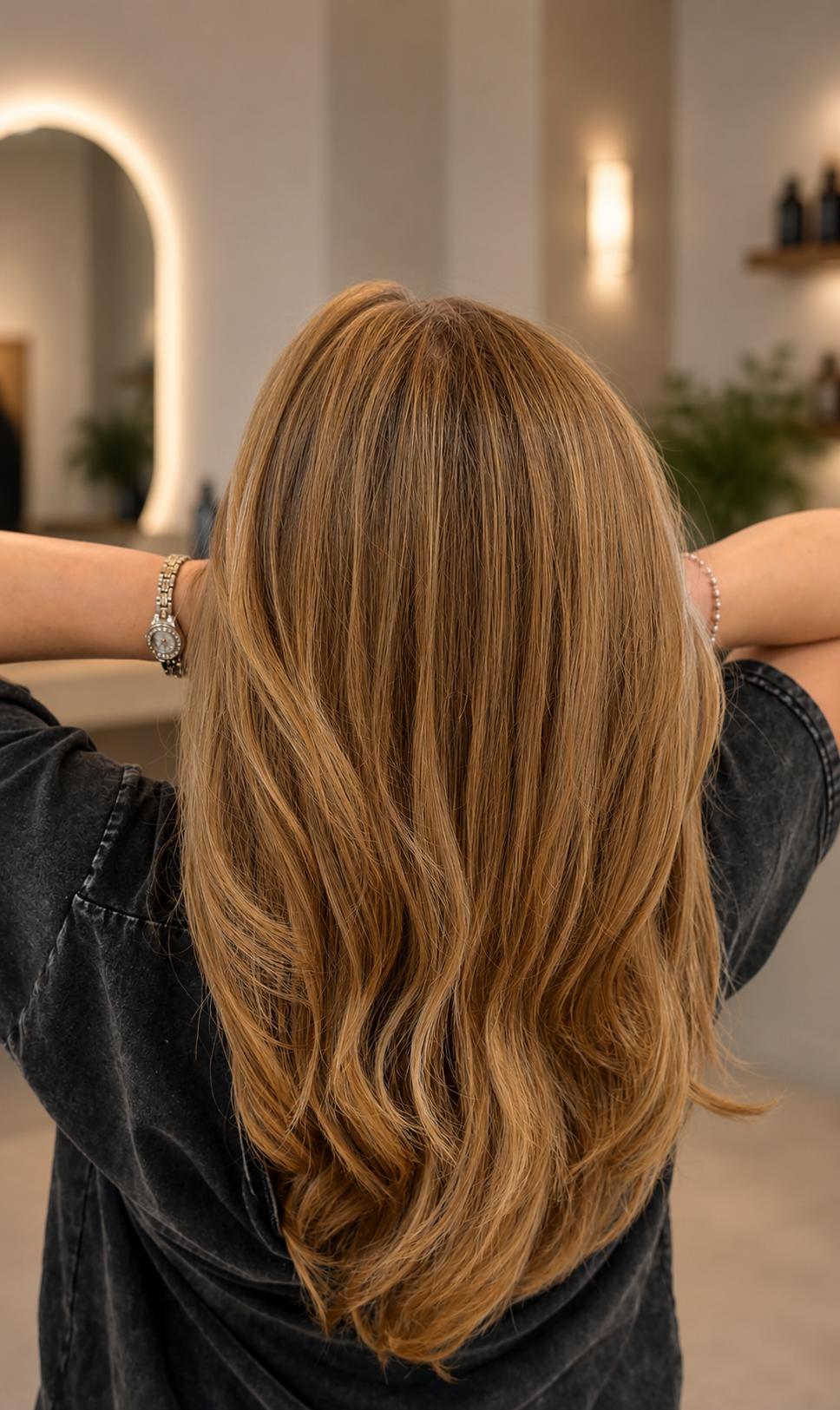Warm golden brown balayage long hair back view salon